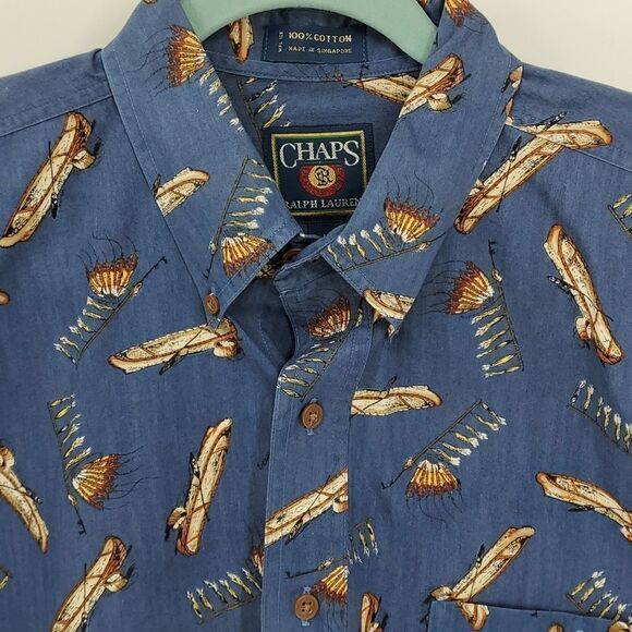 Chaps Ralph Lauren Y2K mens long sleeve shirt. Indian design print, blue. large - Picture 2 of 8